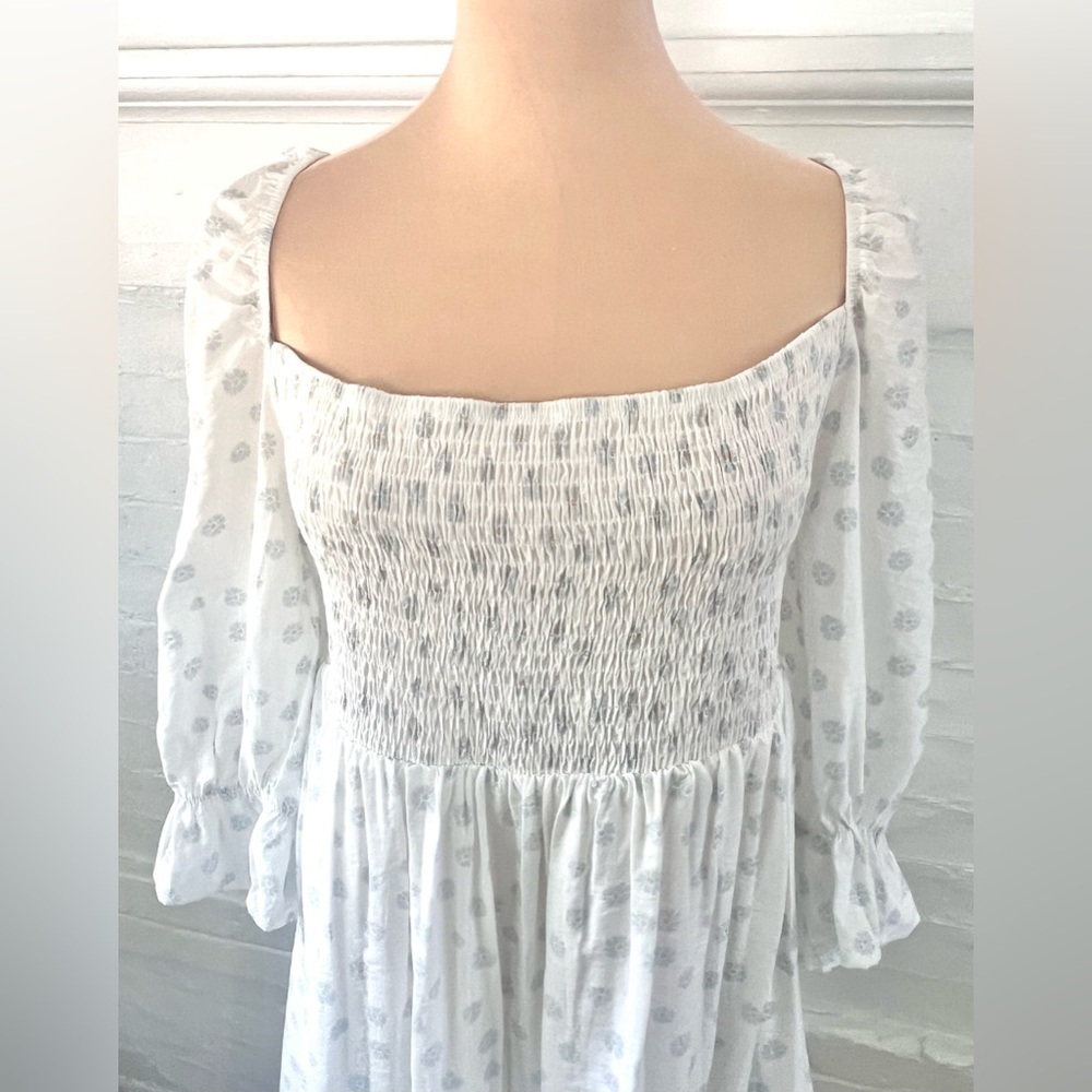Girl And The Sun Lucia White Blue Flowered Smocked Babydoll Mini DressDress - Picture 10 of 16